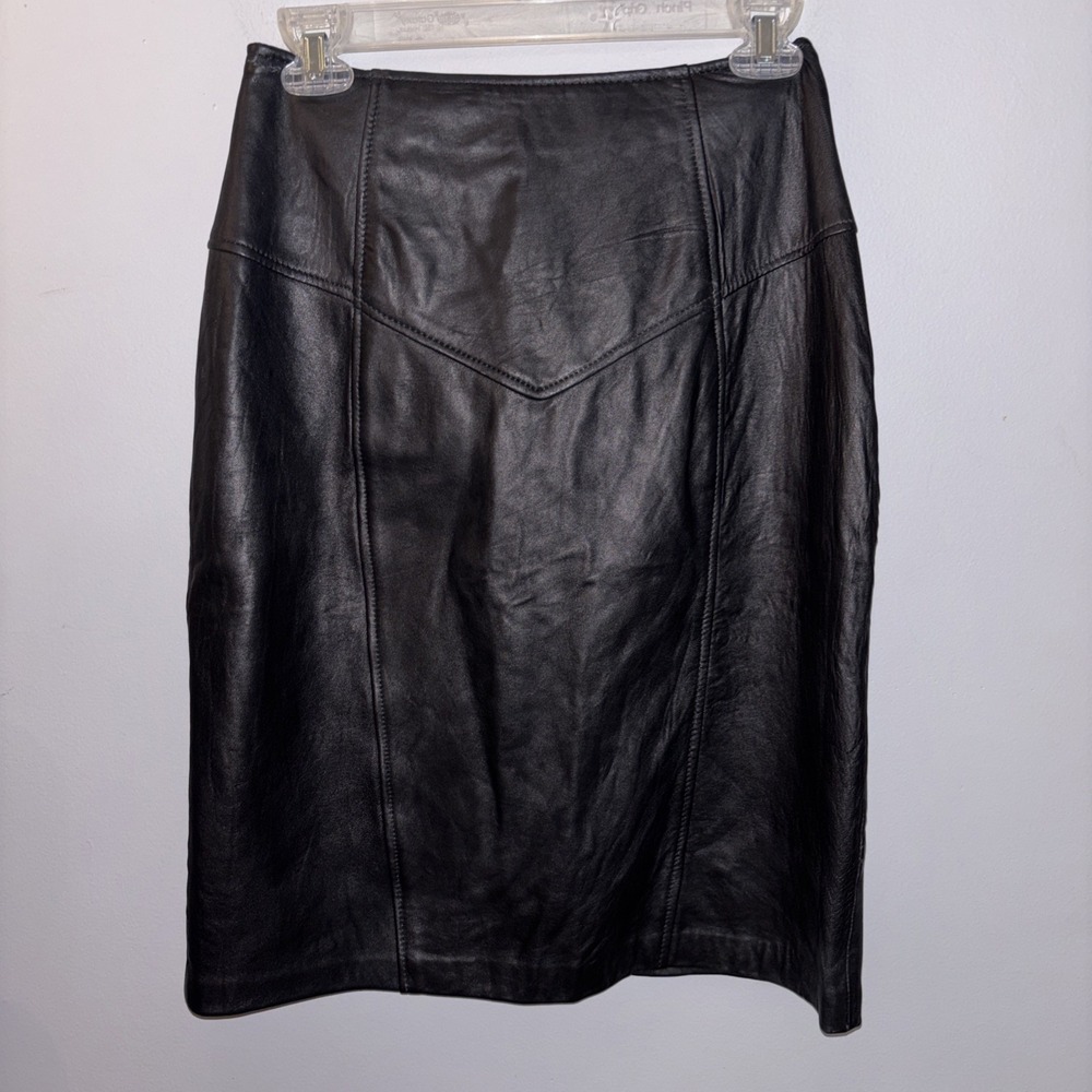 Vintage Genuine Leather Pencil Skirt Black High Waist Lined Women's Sz 10 Luxury